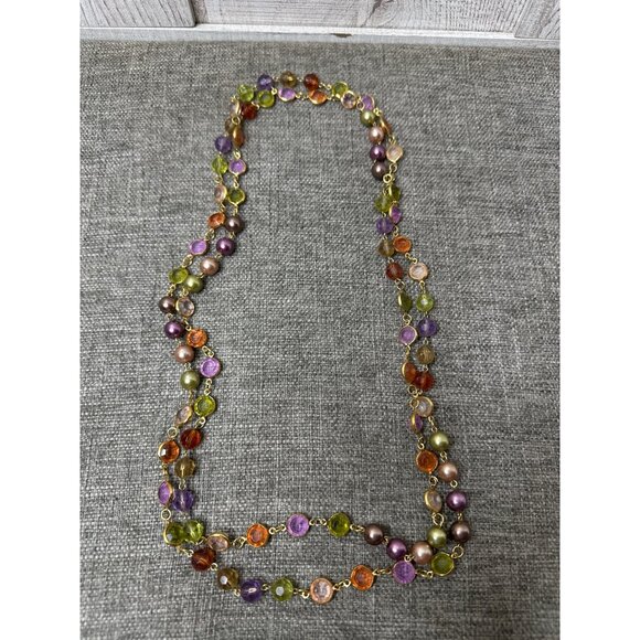 Multi-Color Boho Beaded Necklace w/ Gold Tone Chain Accent Womens Fashion - Picture 2 of 5